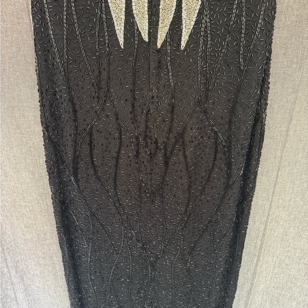Vintage SCALA Silk Beaded Formal Evening Maxi Dress Petite Small Silver Black - Picture 7 of 13